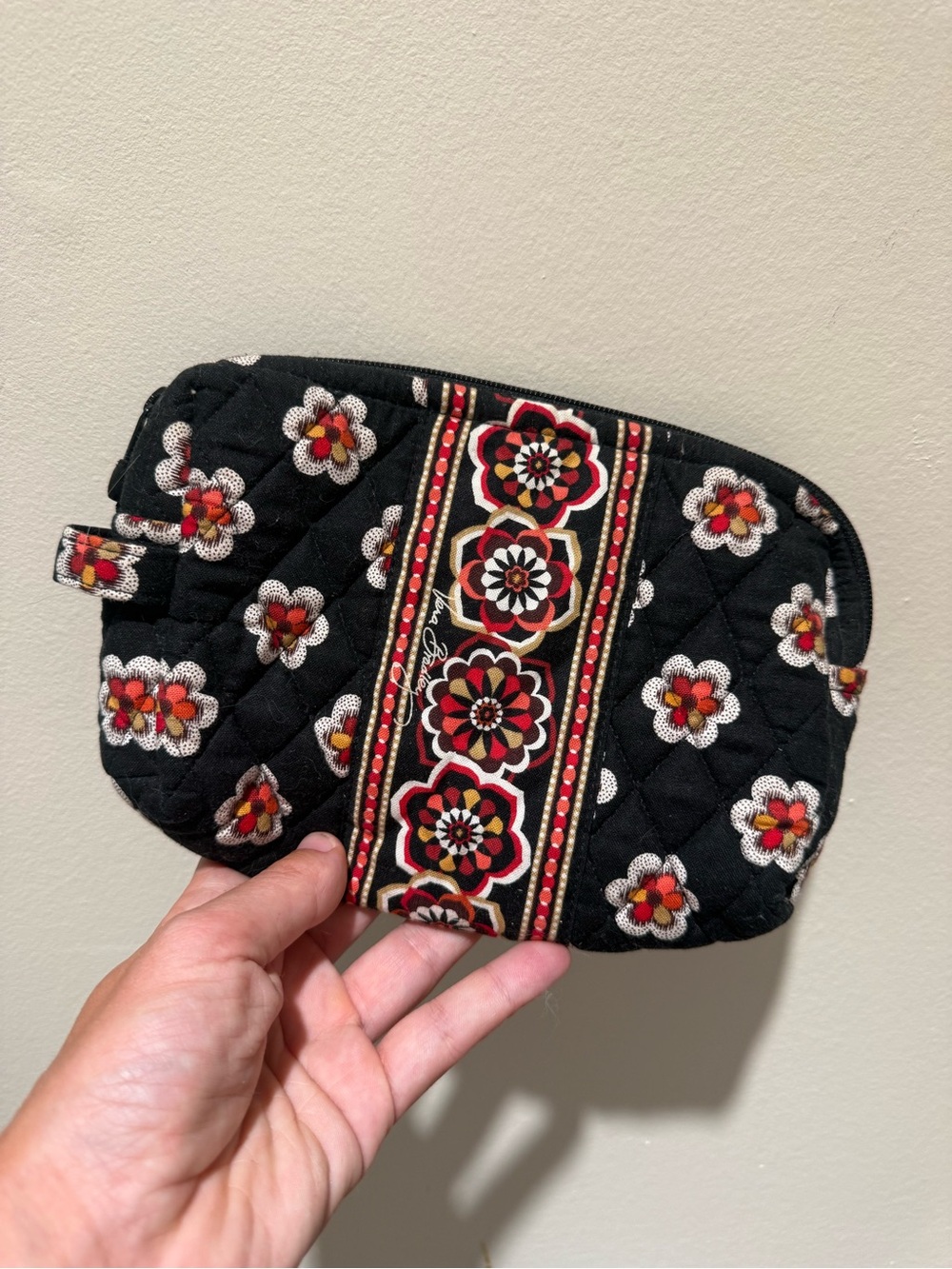 Vera Bradley Quilted Cosmetic Bag Clear Plastic Lined Makeup Pouch Black Floral